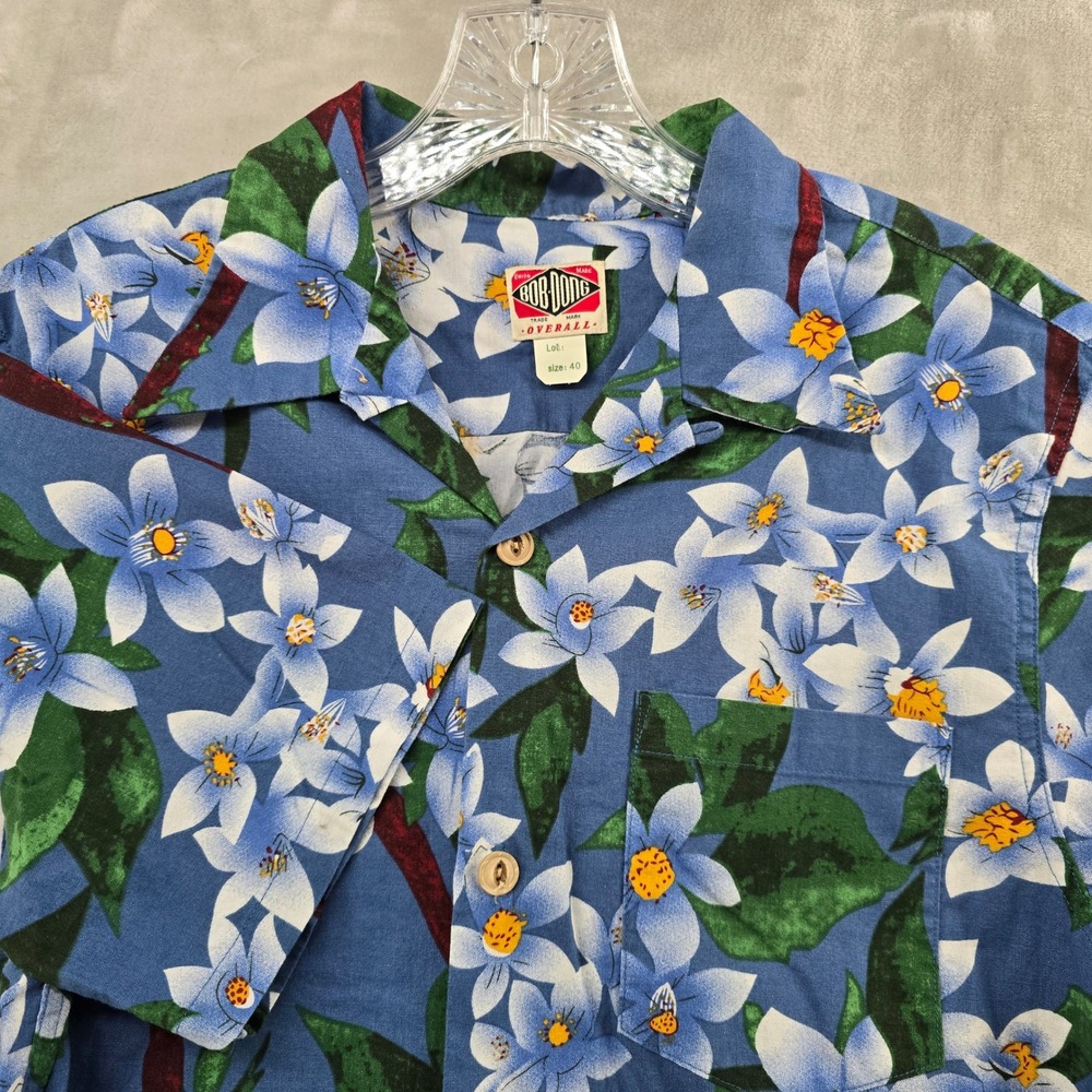 Bob Dong Button Up Shirt Mens Medium 40 Blue Floral Short Sleeve Cotton‎ Camp